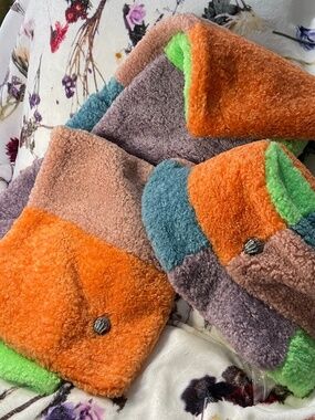 Kurt Geiger Sherpa multi color block winter scarf and matching hat